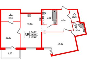 Квартира в ЖК Лисино, 2 комнатная, 78.22 м², 3 этаж