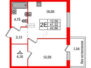 Квартира в ЖК Лисино, 1 комнатная, 42.86 м², 2 этаж