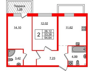 Квартира в ЖК Лисино, 2 комнатная, 54.64 м², 1 этаж
