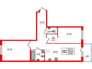 Квартира в ЖК Лисино, 2 комнатная, 70.8 м², 3 этаж