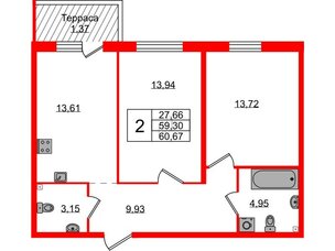 Квартира в ЖК Лисино, 2 комнатная, 60.67 м², 1 этаж
