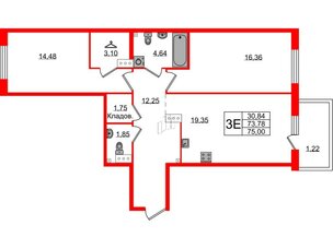 Квартира в ЖК Лисино, 2 комнатная, 75 м², 4 этаж