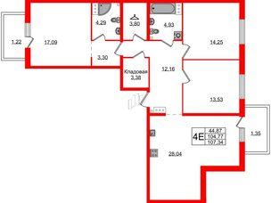 Квартира в ЖК Лисино, 3 комнатная, 107.34 м², 2 этаж