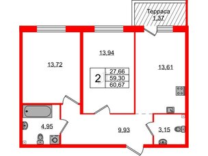 Квартира в ЖК Лисино, 2 комнатная, 60.67 м², 1 этаж