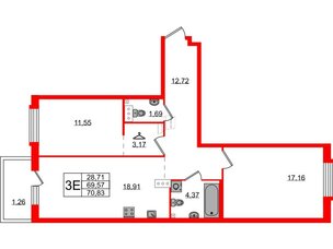 Квартира в ЖК Лисино, 2 комнатная, 70.83 м², 4 этаж