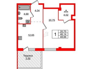 Квартира в ЖК Лисино, 1 комнатная, 48.66 м², 1 этаж