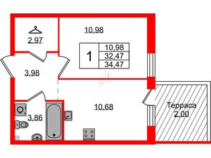 Квартира в ЖК Лисино, 1 комнатная, 34.47 м², 1 этаж