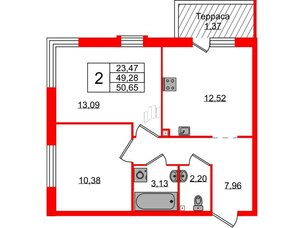 Квартира в ЖК Лисино, 2 комнатная, 50.65 м², 1 этаж