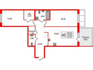 Квартира в ЖК Лисино, 2 комнатная, 77.57 м², 1 этаж