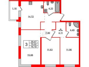 Квартира в ЖК Лисино, 3 комнатная, 76.18 м², 2 этаж