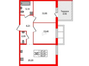 Квартира в ЖК Лисино, 2 комнатная, 65.57 м², 1 этаж