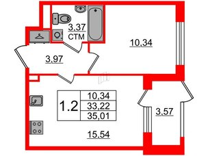Квартира в ЖК 'Дворцовый фасад', 1 комнатная, 33.22 м², 1 этаж
