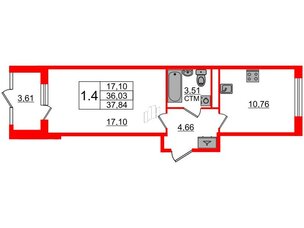 Квартира в ЖК 'Дворцовый фасад', 1 комнатная, 36.03 м², 1 этаж