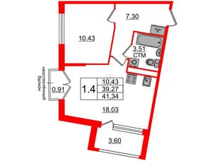 Квартира в ЖК 'Дворцовый фасад', 1 комнатная, 39.27 м², 2 этаж