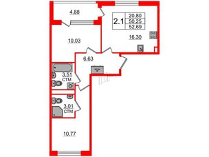 Квартира в ЖК 'Дворцовый фасад', 2 комнатная, 50.25 м², 2 этаж