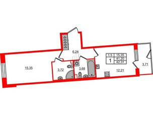 Квартира в ЖК «Парадный ансамбль», 1 комнатная, 41.2 м², 1 этаж