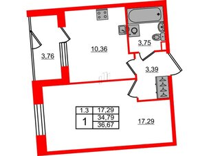 Квартира в ЖК «Парадный ансамбль», 1 комнатная, 34.79 м², 1 этаж