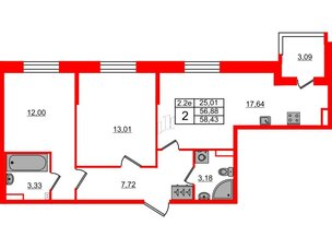 Квартира в ЖК «Парадный ансамбль», 2 комнатная, 56.88 м², 2 этаж