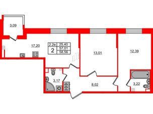 Квартира в ЖК 'Парадный ансамбль', 2 комнатная, 57.01 м², 3 этаж