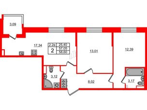 Квартира в ЖК 'Парадный ансамбль', 2 комнатная, 57.05 м², 2 этаж
