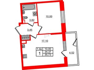 Квартира в ЖК 'Парадный ансамбль', 1 комнатная, 34.37 м², 1 этаж