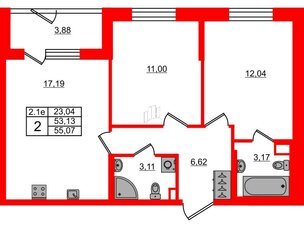 Квартира в ЖК 'Парадный ансамбль', 2 комнатная, 53.13 м², 1 этаж