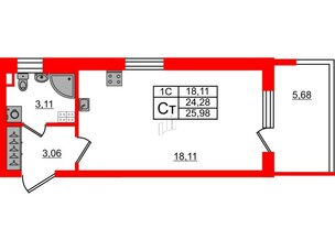 Квартира в ЖК 'Парадный ансамбль', студия, 24.28 м², 3 этаж