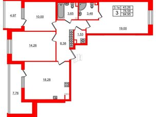 Квартира в ЖК 'Парадный ансамбль', 3 комнатная, 78.58 м², 3 этаж