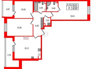 Квартира в ЖК 'Парадный ансамбль', 3 комнатная, 78.32 м², 5 этаж