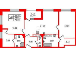 Квартира в ЖК БелАРТ, 2 комнатная, 76.36 м², 22 этаж