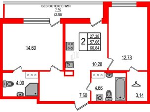 Квартира в ЖК ID Мурино 3, 2 комнатная, 60.84 м², 12 этаж
