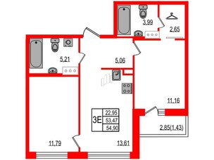 Квартира в ЖК ID Мурино 3, 2 комнатная, 54.9 м², 5 этаж
