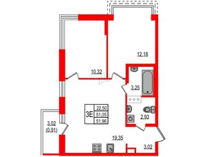 Квартира в ЖК ID Мурино 3, 2 комнатная, 51.96 м², 6 этаж