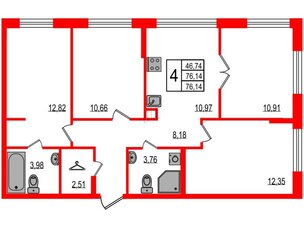 Квартира в ЖК ID Мурино 3, 4 комнатная, 76.14 м², 2 этаж