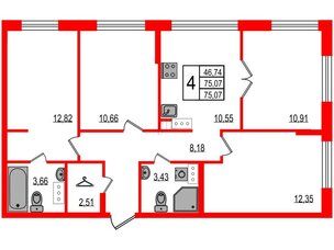 Квартира в ЖК ID Мурино 3, 4 комнатная, 75.07 м², 3 этаж