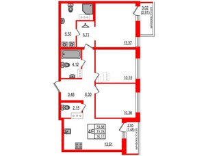 Квартира в ЖК ID Мурино 3, 3 комнатная, 76.17 м², 12 этаж