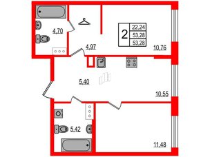 Квартира в ЖК ID Мурино 3, 2 комнатная, 53.28 м², 3 этаж