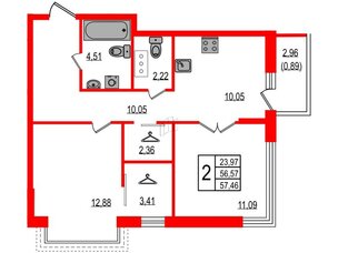 Квартира в ЖК ID Мурино 3, 2 комнатная, 57.46 м², 7 этаж