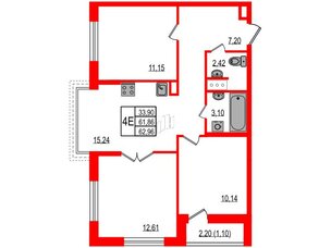 Квартира в ЖК iD Murino III, 3 комнатная, 62.96 м², 4 этаж