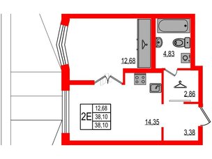 Квартира в ЖК ID Мурино 3, 1 комнатная, 38.1 м², 2 этаж