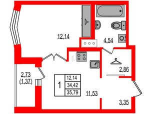 Квартира в ЖК iD Murino III, 1 комнатная, 35.79 м², 4 этаж