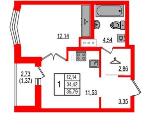 Квартира в ЖК ID Мурино 3, 1 комнатная, 35.79 м², 5 этаж