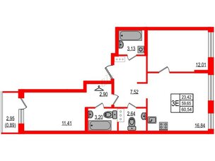Квартира в ЖК ID Мурино 3, 2 комнатная, 60.54 м², 3 этаж