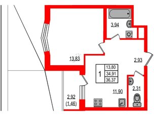 Квартира в ЖК ID Мурино 3, 1 комнатная, 36.37 м², 2 этаж