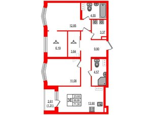 Квартира в ЖК ID Мурино 3, 2 комнатная, 71.3 м², 3 этаж