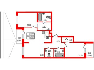 Квартира в ЖК ID Мурино 3, 2 комнатная, 73.95 м², 2 этаж