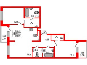 Квартира в ЖК ID Мурино 3, 2 комнатная, 72.81 м², 3 этаж
