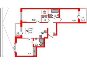 Квартира в ЖК ID Мурино 3, 3 комнатная, 74.8 м², 2 этаж