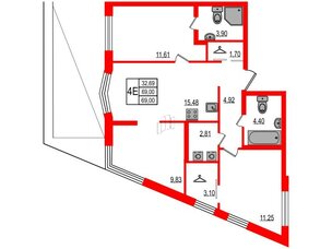Квартира в ЖК ID Мурино 3, 3 комнатная, 69 м², 2 этаж