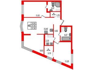 Квартира в ЖК ID Мурино 3, 3 комнатная, 67.88 м², 3 этаж
